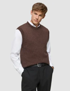 Chunky Soft Wool Knit Vest Saddle Brown Melange