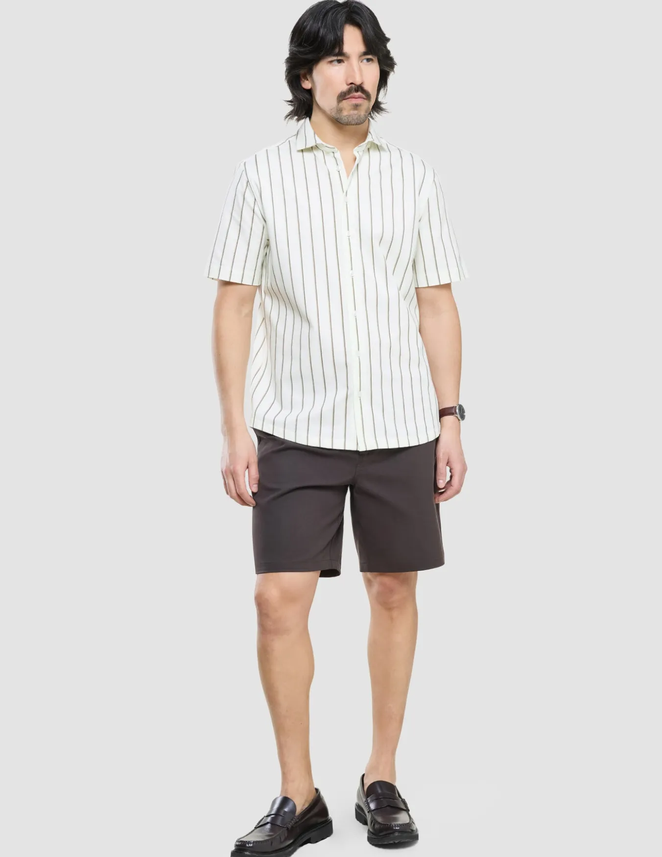 Classic Short Sleeve Shirt Sand Herringbone Stripes