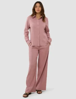 Linen Set Dusty Cerise Long Sleeved Shirt & Relaxed Pants