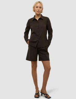 Linen Set Espresso Long Sleeved Shirt & Relaxed Shorts