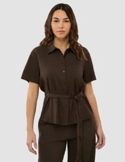 Linen Set Espresso Short Sleeved Shirt & Relaxed Pants