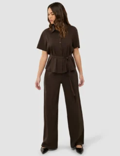 Linen Set Espresso Short Sleeved Shirt & Relaxed Pants