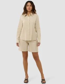 Linen Set Sandy Beige Long Sleeved Shirt & Relaxed Shorts