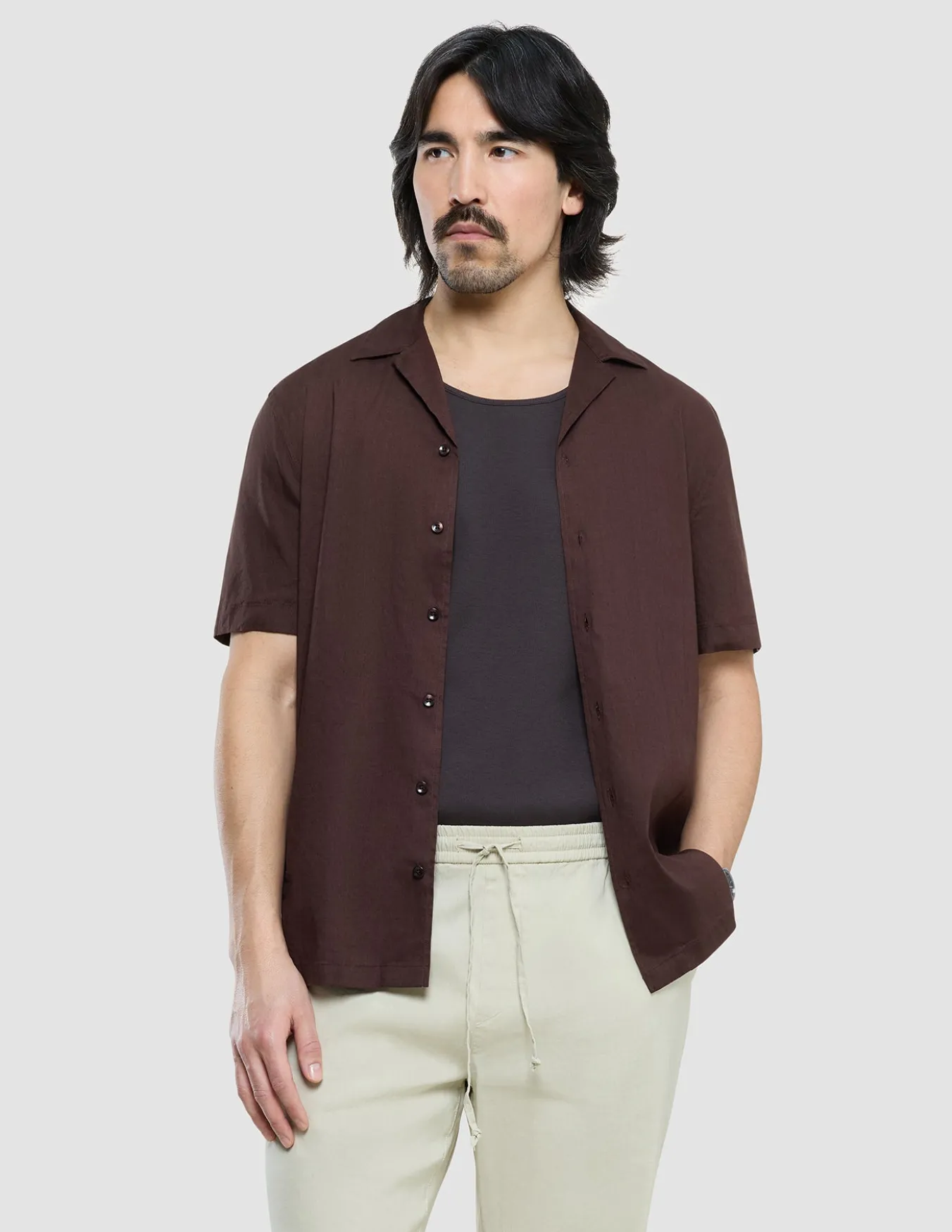 Refined Linen Bowling Short Sleeve Shirt Dark Brown