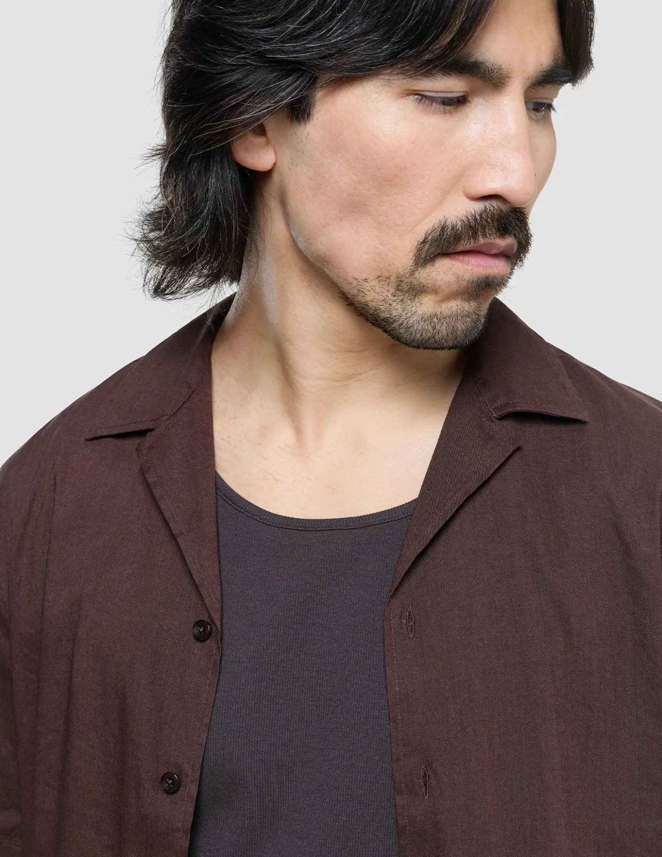 Refined Linen Bowling Short Sleeve Shirt Dark Brown