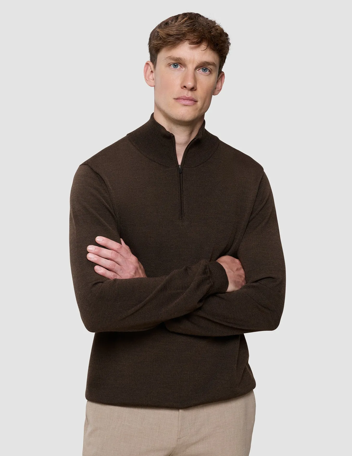 Seamless Premium Merino Knit Half Zip Saddle Brown