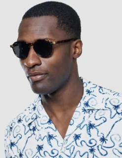 Seersucker Short Sleeve Shirt Navy Palms