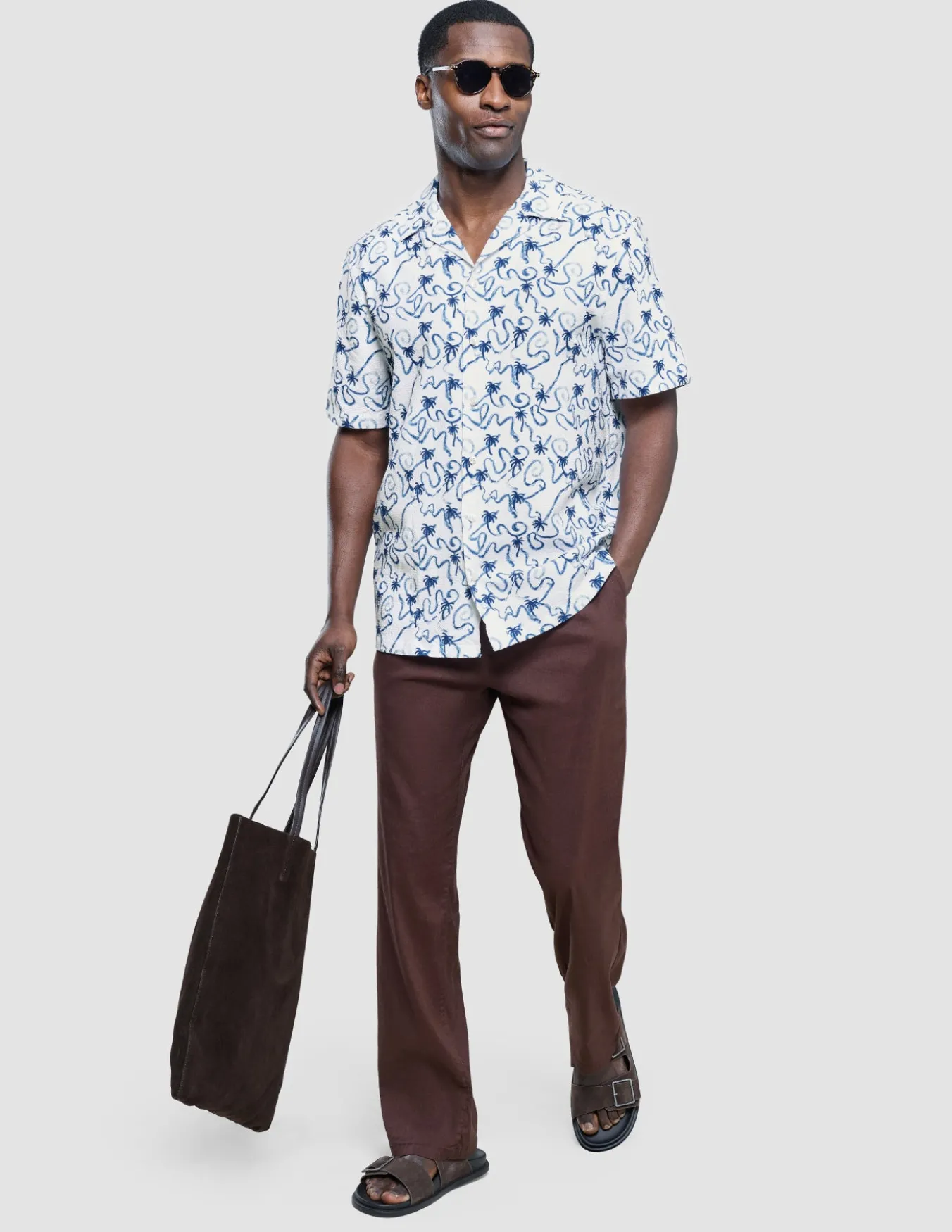 Seersucker Short Sleeve Shirt Navy Palms