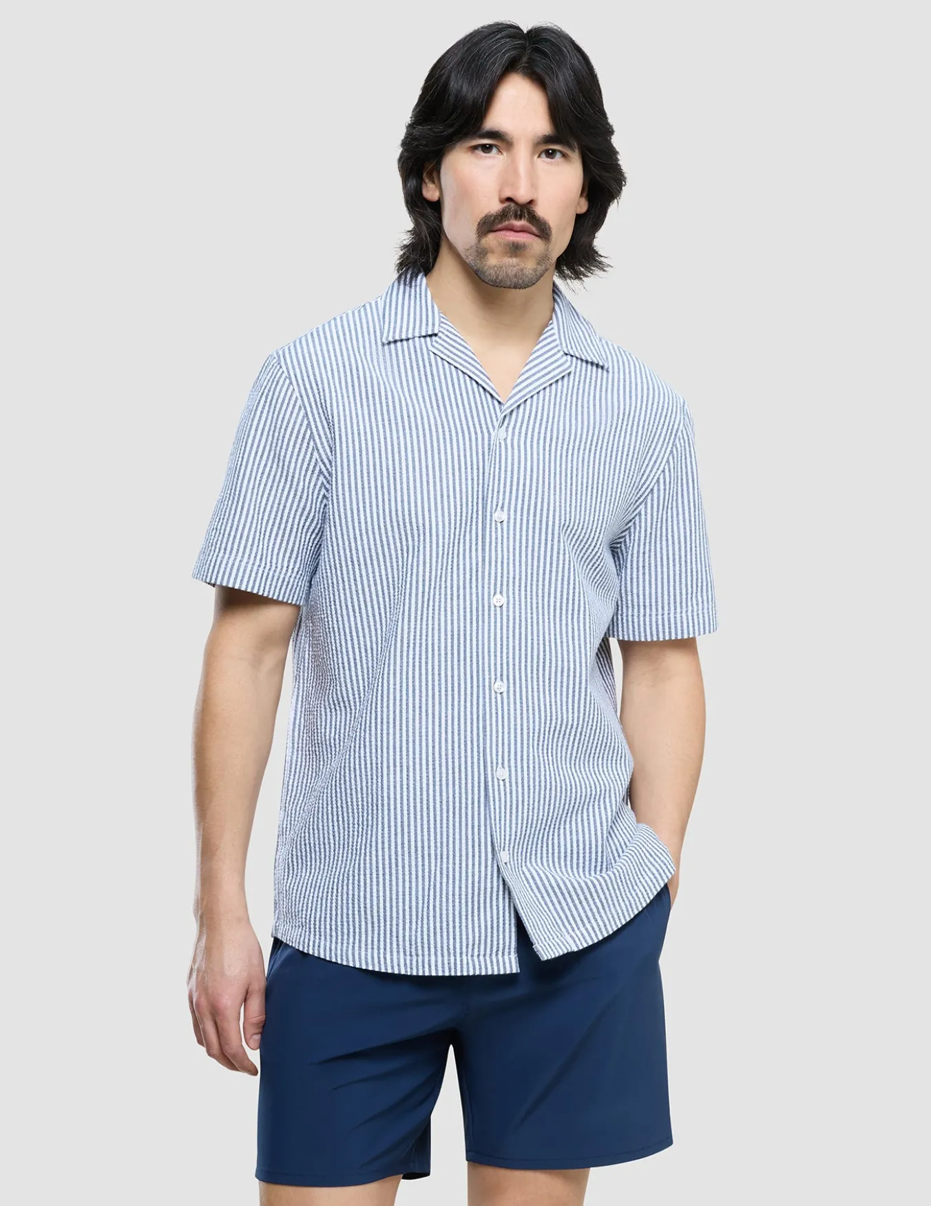 Seersucker Short Sleeve Shirt Navy Stripes
