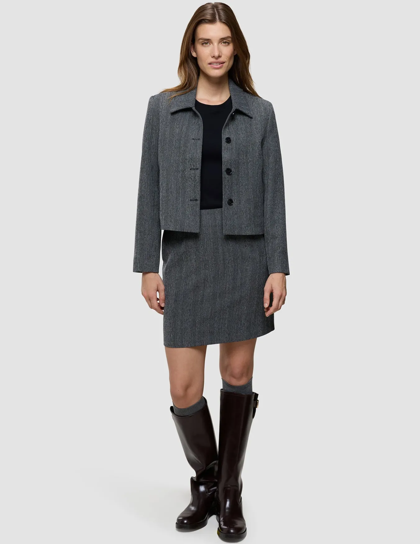 Serene Set Grey Herringbone Short Jacket Short Skirt