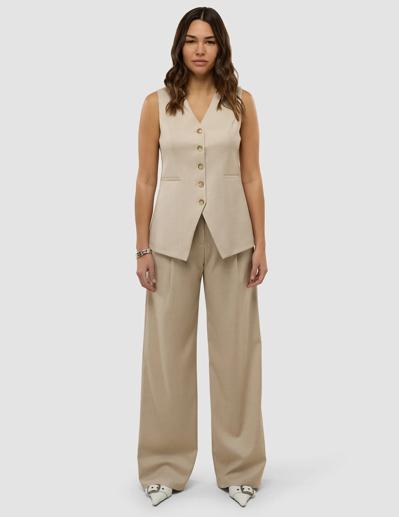 Skye Set Sandy Beige Melange Vest & Wide Pants