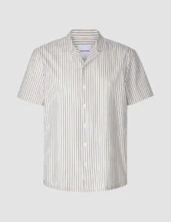 Tech Linen Bowling Short Sleeve Shirt Navy Pinstripe