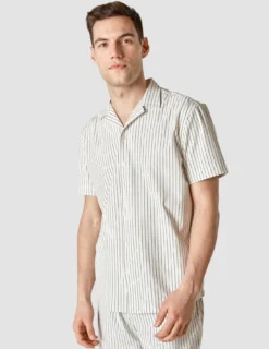 Tech Linen Bowling Short Sleeve Shirt Navy Pinstripe