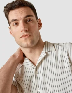 Tech Linen Bowling Short Sleeve Shirt Navy Pinstripe
