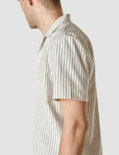 Tech Linen Bowling Short Sleeve Shirt Navy Pinstripe