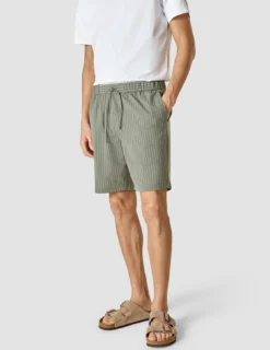 Tech Linen Elastic Shorts Green Pinstripe