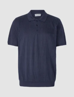 Textured Knitted Short Sleeve Polo Shirt Navy