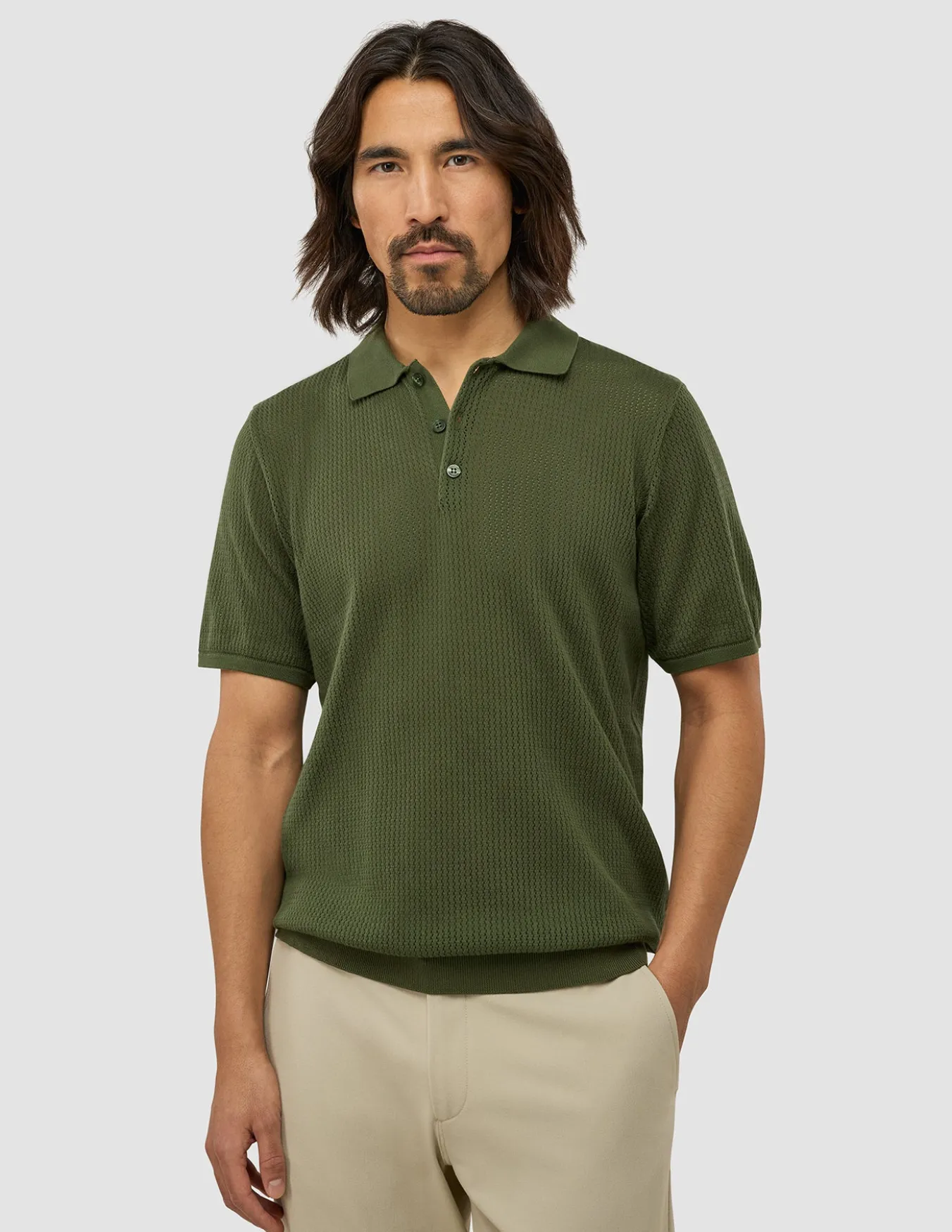 Textured Knitted Short Sleeve Polo Urban Green