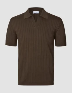 V-Neck Knit Short Sleeve Polo Dark Brown