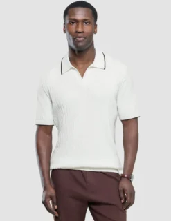 V-Neck Knit Short Sleeve Polo White