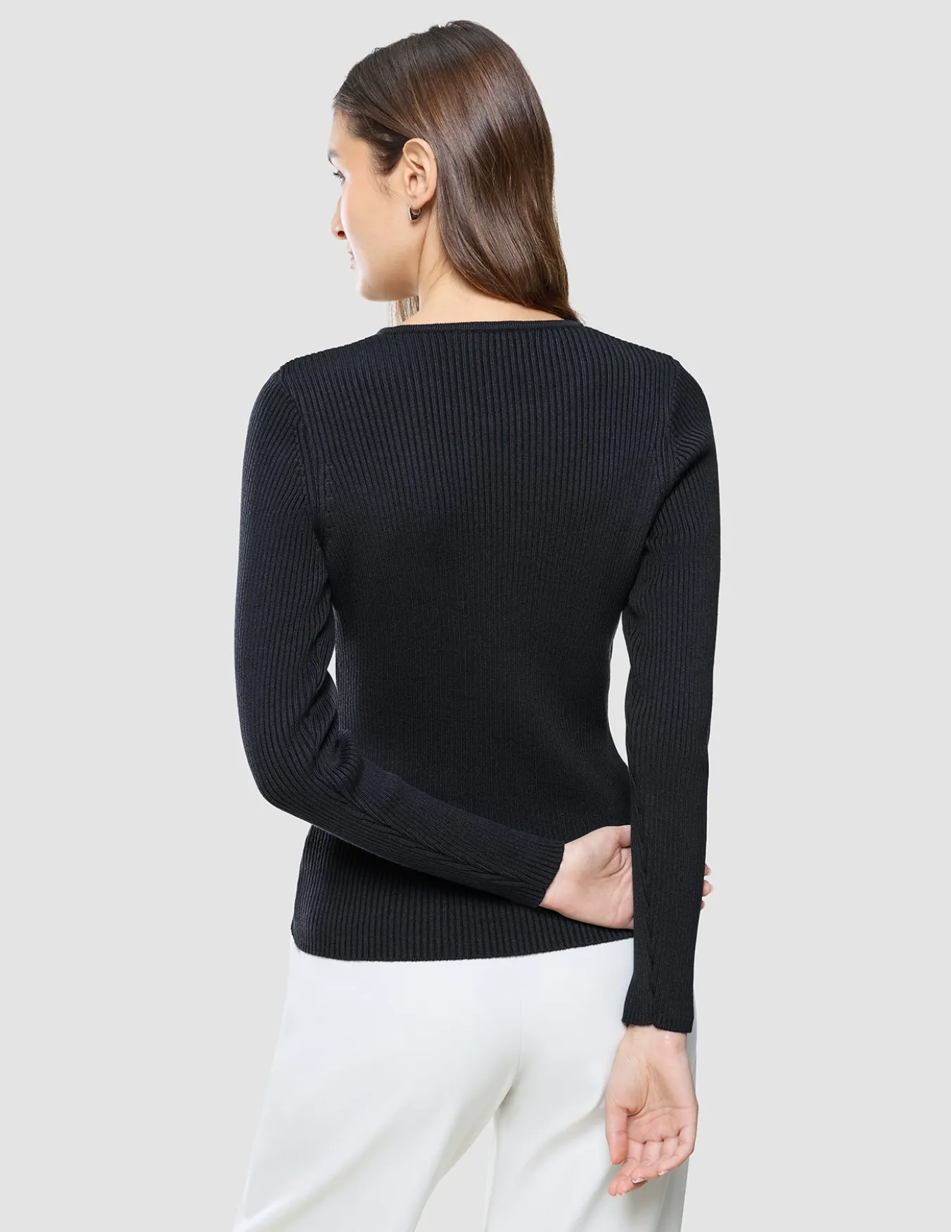 Women Fine Knit Rib Long Sleeve Black