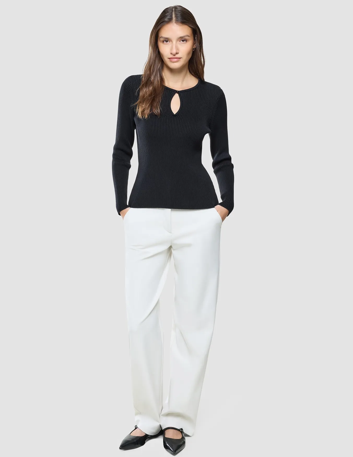 Women Fine Knit Rib Long Sleeve Black