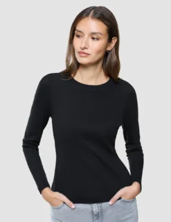 Women Rib T-Shirt Long Sleeve Black