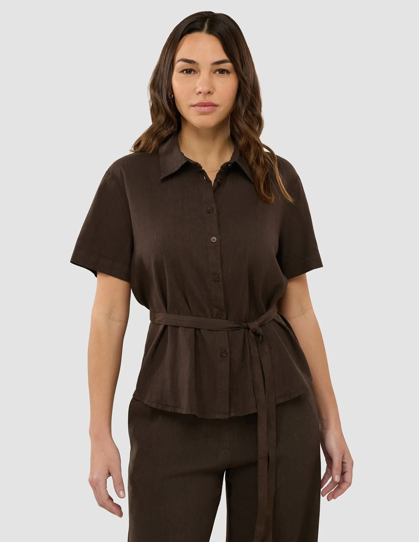 Women's Linen Shirt Short Sleeved Espresso