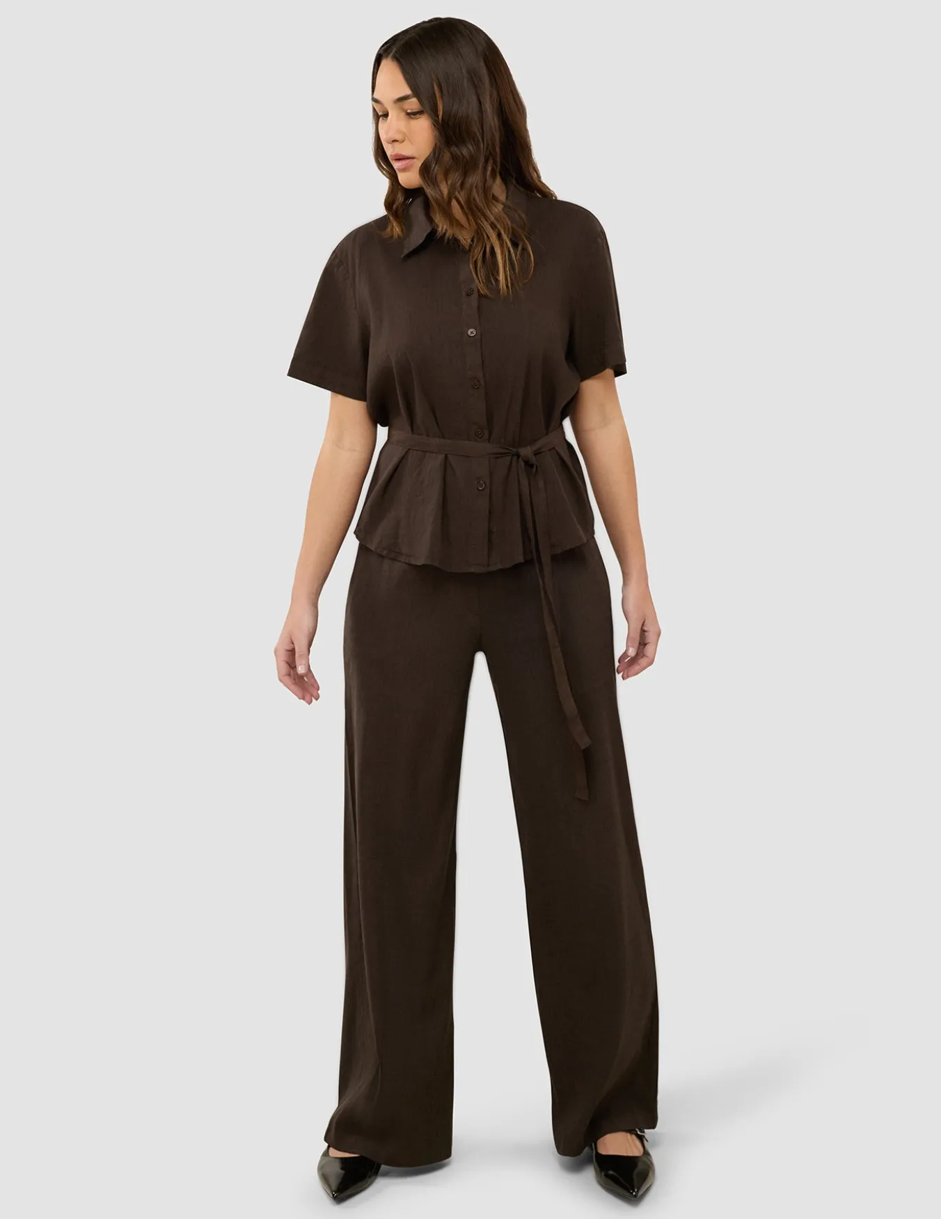 Women's Linen Shirt Short Sleeved Espresso