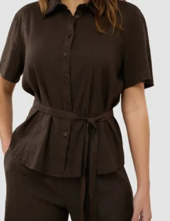 Women's Linen Shirt Short Sleeved Espresso