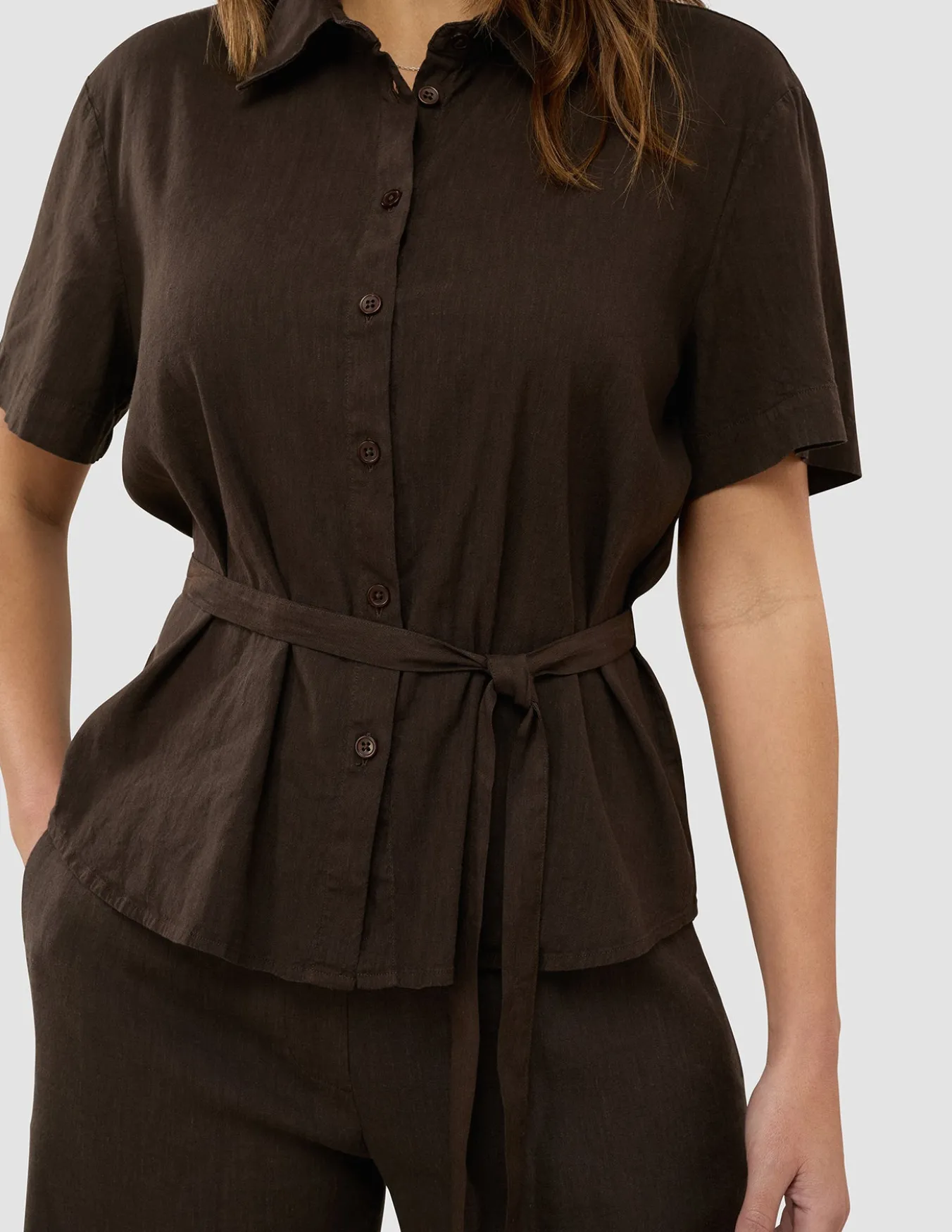 Women's Linen Shirt Short Sleeved Espresso