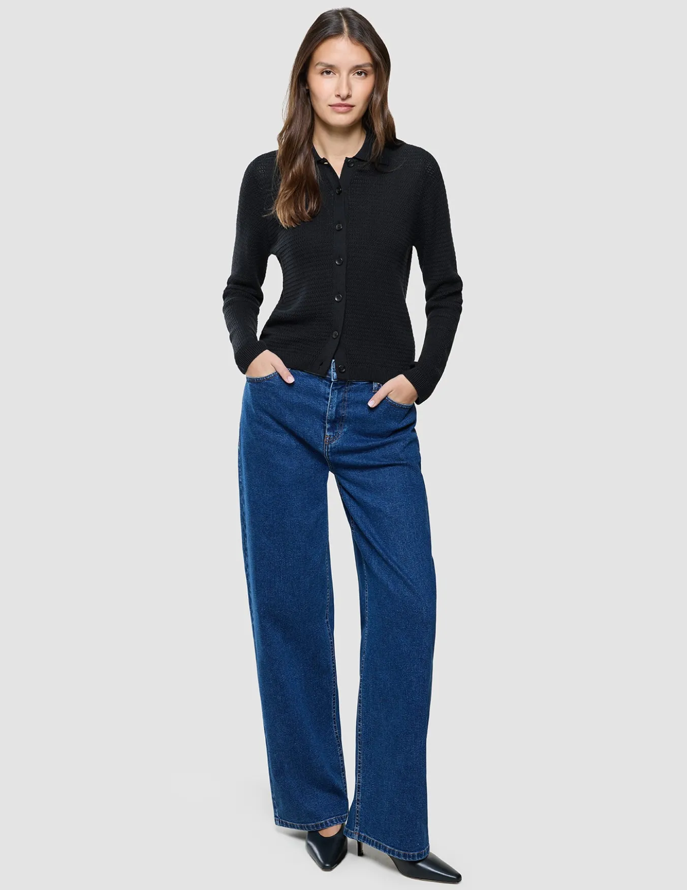 Women Structured Polo Long Sleeve Black