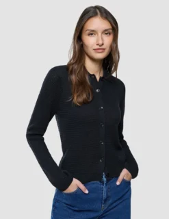 Women Structured Polo Long Sleeve Black