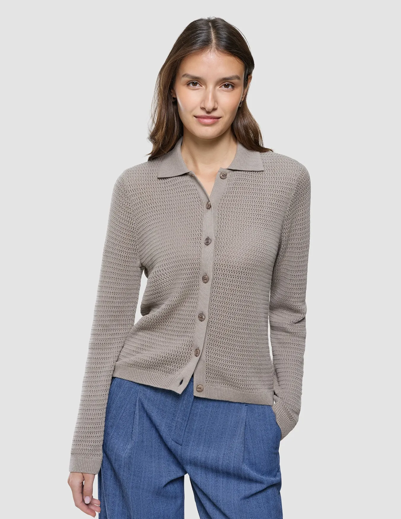Women Structured Polo Long Sleeve Dark Sand